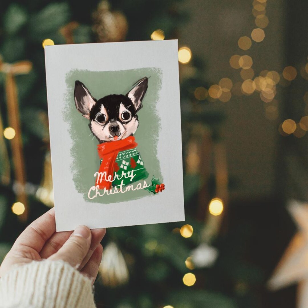 Merry Christmas Chihuahua Lovers Mini Art Print, Xmas Small Dog Wall Art, Festive Holiday Home Decor Poster for dog owners, winter puppy